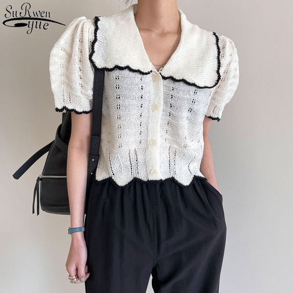 

summer hollow out lace knit shirts women puff short sleeve peter pan collar woman blouses korean fashion clothing 14254 210427, White