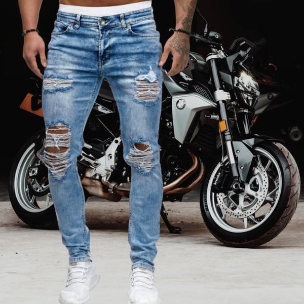 

men's jeans men ripped skinny blue biker hole pencil pants locomotive party casual trousers street clothing denim