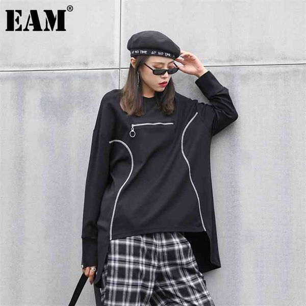 

[eam] women black zipper split joint big size t-shirt new round neck long sleeve fashion tide spring autumn 1db888 210401, White
