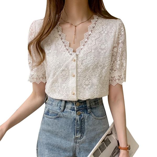 

women's blouses & shirts lace hollow out women plus size 2021 summer korean v-neck short sleeve blouse single-breasted, White