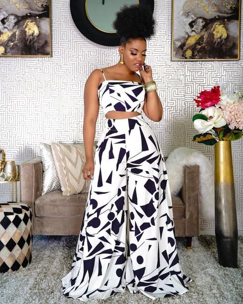 

women's two piece pants elegant 2 set print strap crop wide leg matching beach boho holodays suit summer women 2021, White