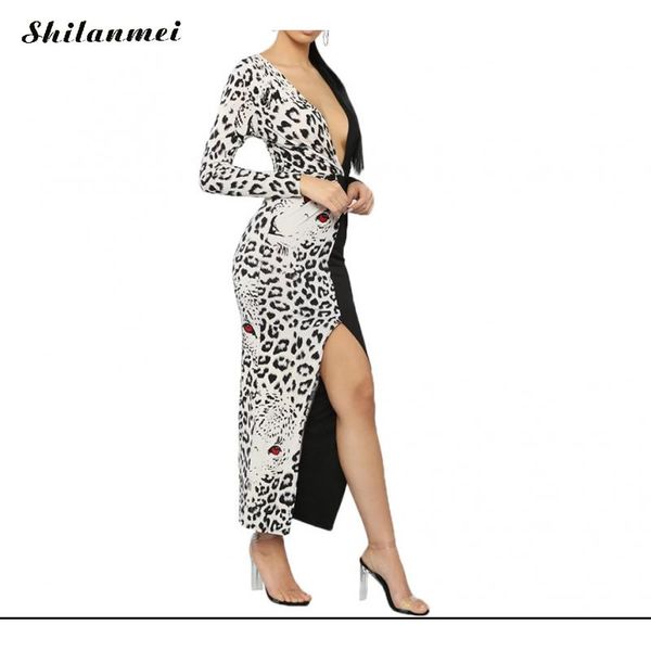 

casual dresses leopard hip package dress ladies long sleeve sheath deep v bodycon women front slit club party vestidos, Black;gray