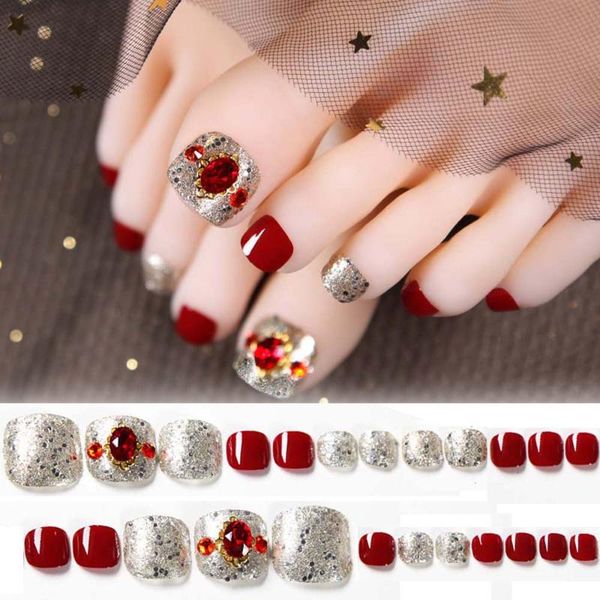 

shiny luxury rhinestones toe fake nails super flash full cover false art tips women girls press on toenails foot manicure, Red;gold