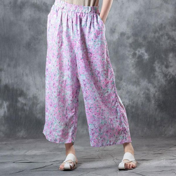

women's pants & capris 2021 summer fashion women ladies floral wide leg loose print ramie trousers stretch waist boho ol pantalon, Black;white
