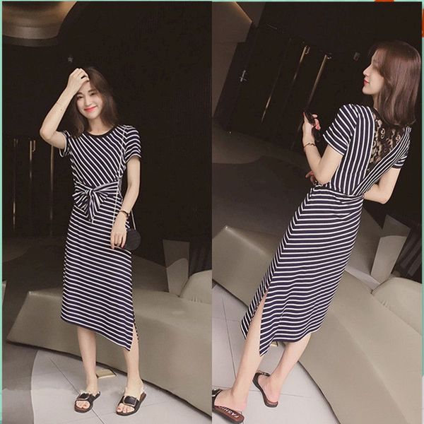 

summer womens dresses fashion striped lace stitching irregular dress slim o-ne elegant women office dress undefined vintage, Black
