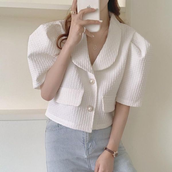 

women's jackets 2021 women summer elegant lapel pearl buttons coat vintage korean fashion lady short white chic, Black;brown