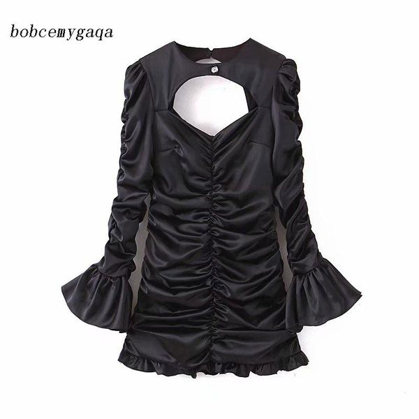 

casual dresses vintage black party dress long flare sleeve ruched female bodycon elegant ladies spring summer ruffles mini, Black;gray