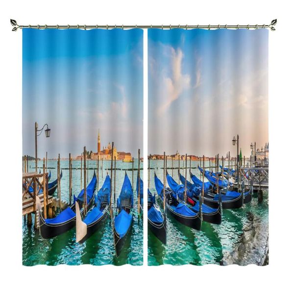 

curtain & drapes seaside blue sky and boats personality customization living room bedroom black silk material theme