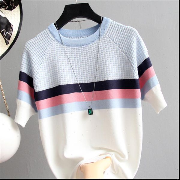 

short sleeve striped womens sweaters plaid knitted cotton korean style clothes camisetas mujer pull femme, White;black