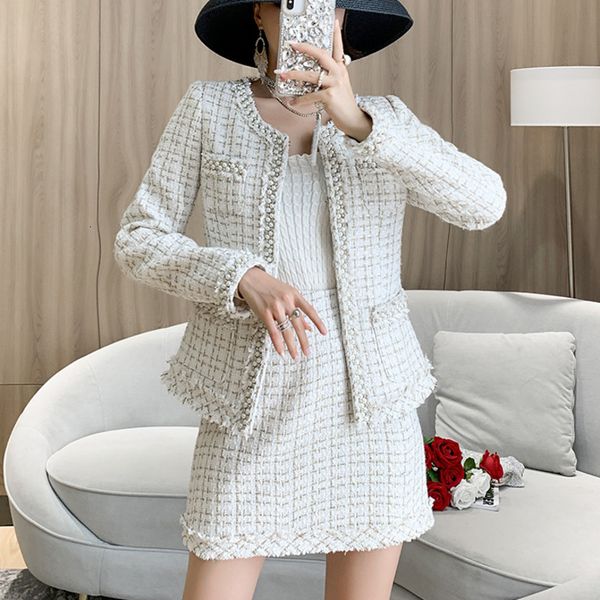 

skirt autumn winter vintage tweed two piece women outfits fashion fringe beading jacket coat mini set suits 722y, Black