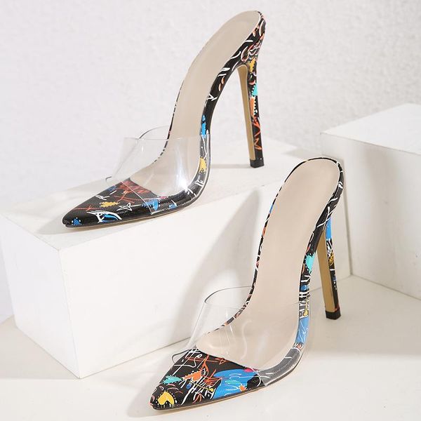 

big size women luxury transparent outdoor slippers 12cm high heels lady fetish sandals pointed toe slides party shoes, Black