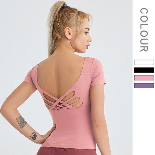 

fitness hollow out women's solid t-shirts workout sports yoga backless quick dry running gym shirts plus size outfit