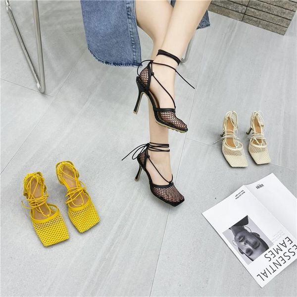 

yellow mesh pumps sandals female square toe high heel lace up cross-tied stiletto hollow dress shoes, Black