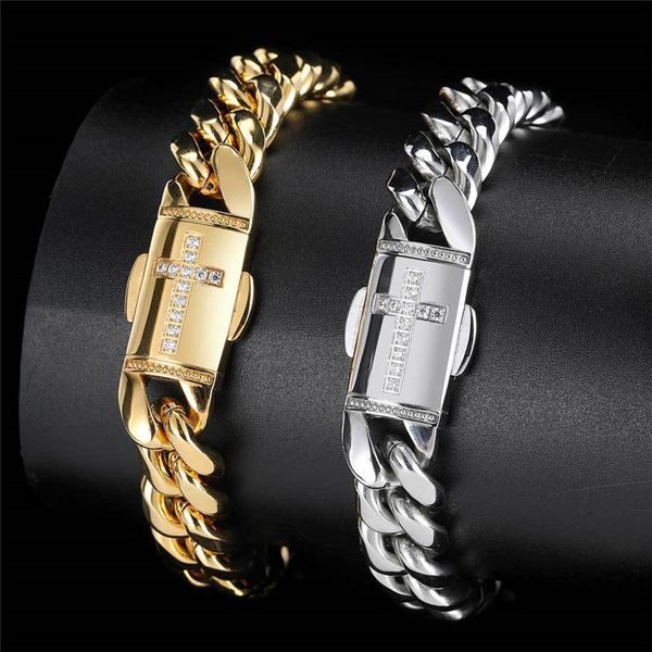 

cool men's bracelet 12mm 7/8/9inch 316l stainless steel gold plated cross cuban chains bracelet for men gift, Black