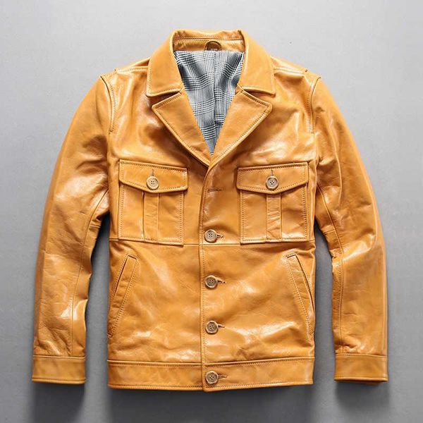 

men's leather & faux 2021 yellow cow jacket with two pockets single breasted casual coat men short, Black