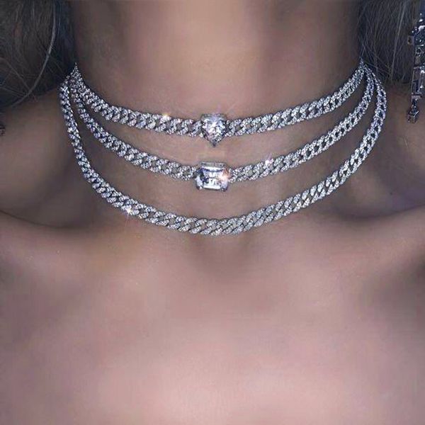 Rechteckige Charm-Halskette mit kubischem Zirkon und cz Miami, kubanische Gliederkette, Damen-Halsband, Gold-Silber-Farbe, Iced Out, Rock, Modeschmuck