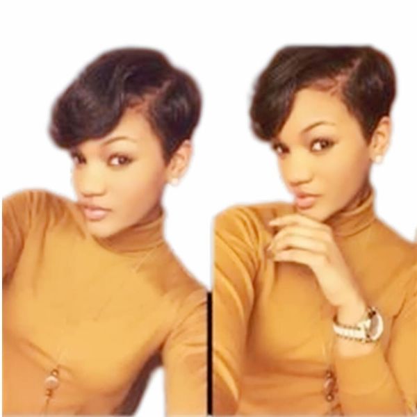 

side part a little lace front short wigs brazilian virgin human hair glueless bob machine pixie cut straight for black women, Black;brown