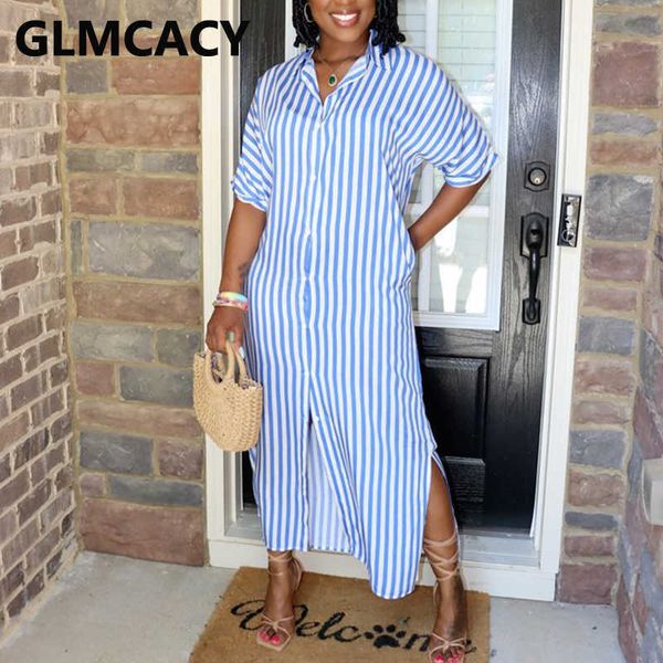 

short sleeve striped button down shirt dress casual maxi dress 210702, Black;gray