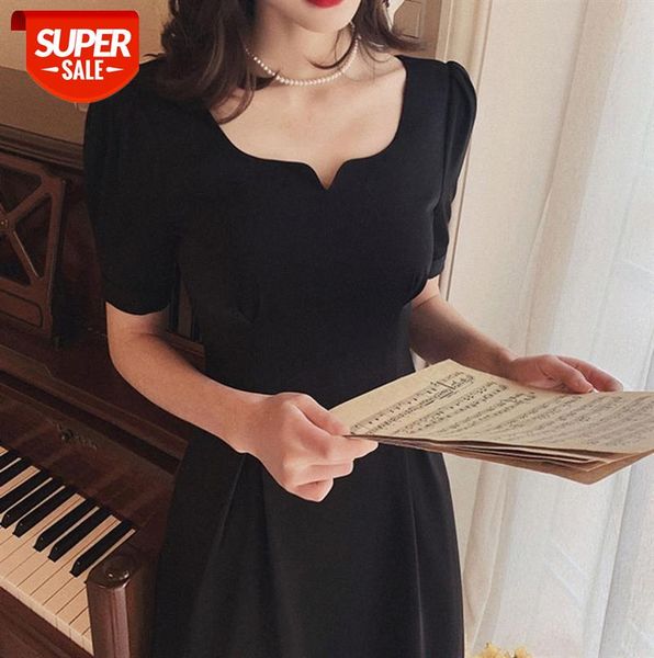 

hepburn dress two sides wear retro elegant square neck puff sleeve mid-length a-line skirt #0g8j, Black;gray