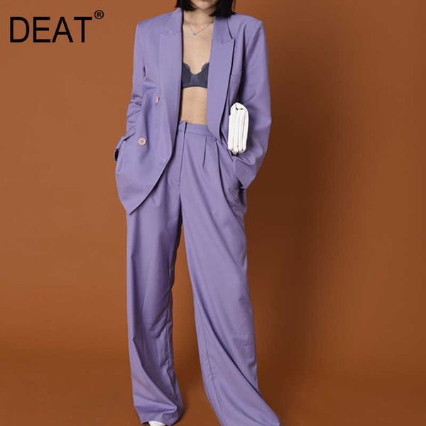 

[deat] spring fashion double breasted solid color blazer high waist wide leg pants women two-piece suit 13q269 210527, White