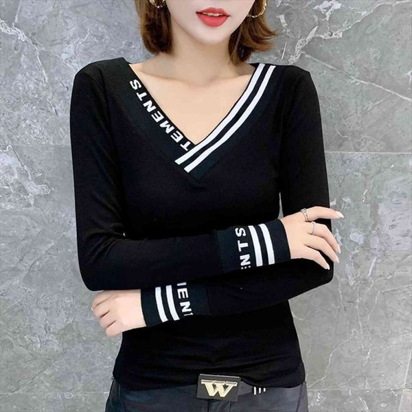 

fashion v neck autumn women t shirts winter european clothes long sleeve camiseta mujer bottoming tees t9n101, White