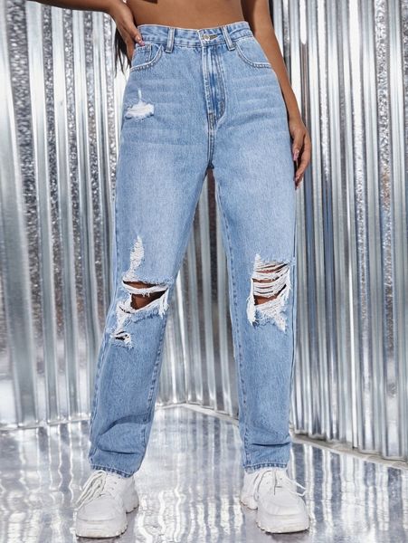 

light wash ripped detail straight leg jeans h87g#, Blue
