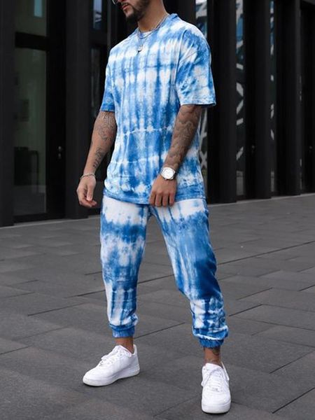 

men's tracksuits cotton sportswear set o-neck tie-dye printing short-sleeved t-shirt fashion casual high-quality trousers 2-piece 2021, Gray
