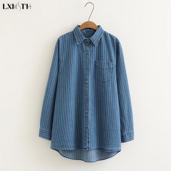 

women's blouses & shirts lxmsth spring ladies denim casual striped long irregular shirt plus size women sleeve loose jeans blouse lady, White