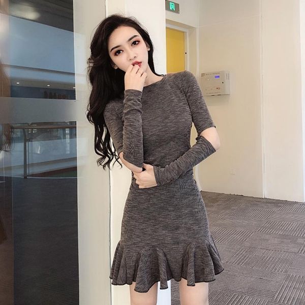 

casual dresses summer round neck long sleeve dress 2021 knit nightclub ruffled skinny slim fit party, Black;gray