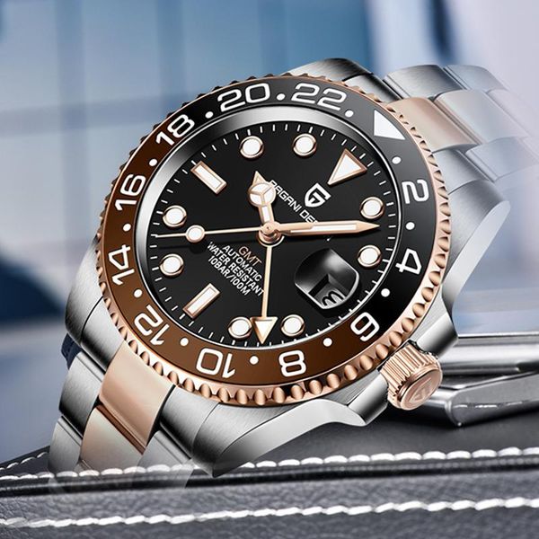 

wristwatches pagani design brand gmt men mechanical watch stainless steel sports waterproof watches automatic clock reloj hombre pd-1662, Slivery;brown