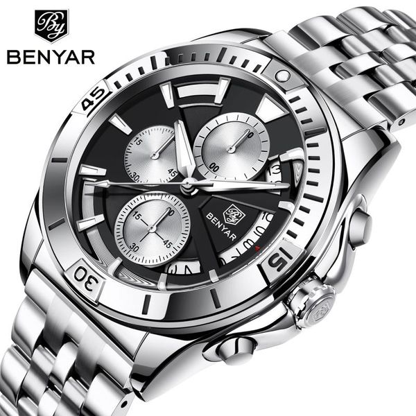 

wristwatches benyar watch for men 2021 quartz fashion stainless steel strap luminous chronograph watches, Slivery;brown
