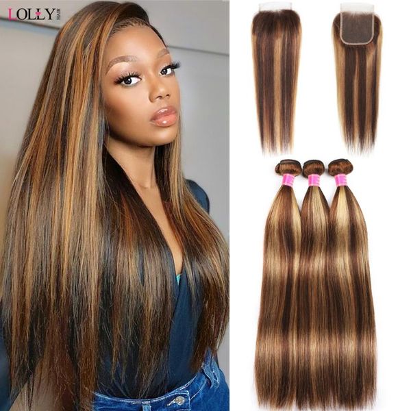 

human hair bulks highlight ombre bundles with closure brazilian bone straight brown remy, Black