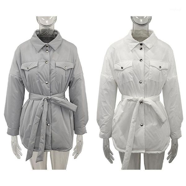 

women's down & parkas 2021 spring solid front pockets women fashion tie belt coats elegant turn collar cotton jackets female ladies, Black