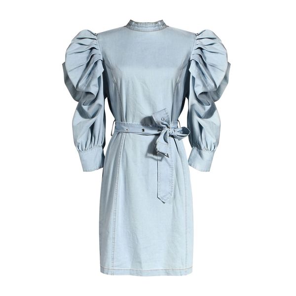 

msxu summer plied mid-sleeve bubble sleeve dress casual high waist thin skirt jeans, Black;gray
