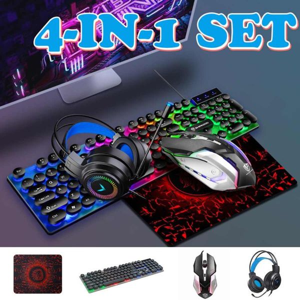 

keyboard mouse combos 4pcs/set led illuminated gaming set wired usb mice pad mat headphone for pc gamer