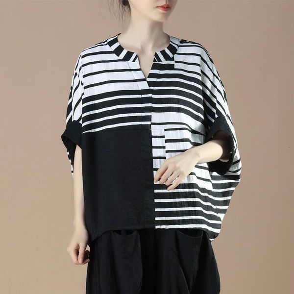

women's t-shirt summer arts style women batwing sleeve loose casual tshirt cotton linen striped v-neck tee shirt femme plus s, White
