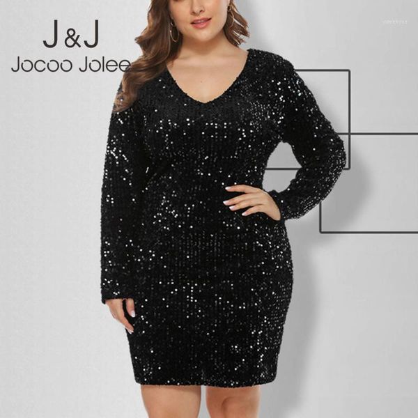 

casual dresses jocoo jolee plus size 5xl sequin dress spring long sleeve bodycon slim mini fashion vintage club party, Black;gray