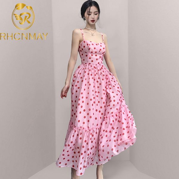 

fashion pink polka dot summer maxi dress women sweet cute spaghetti strap long camisole dresses vestidos female chic newswimwear bathin, Black;gray