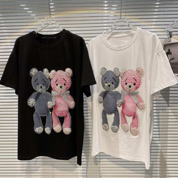 

women's t-shirt cartoon lovers bear pearl nail half sleeve t shirt women 2021 summer round neck short female, White