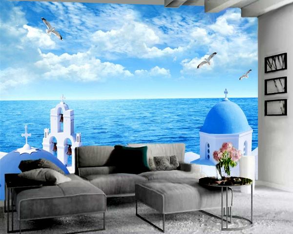 

3d wallpaper bedroom blue castle beautiful seascape romantic landscape decorative silk mural wallpapers