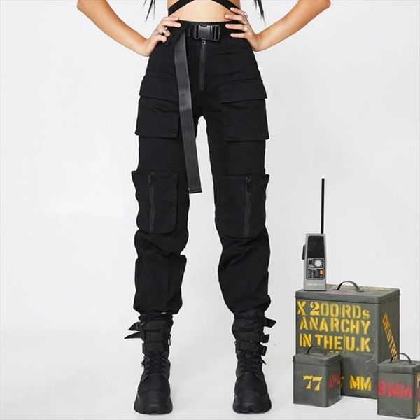 

cool pockets zipper cargo summer womens pant autumn loose casual trousers high waist black capris women sweat pantalons, Black;white