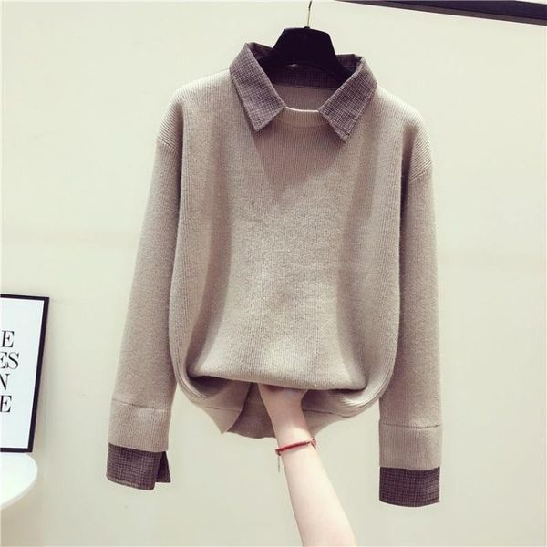

women's sweaters autumn and winter fake two knitted coat korean loose shirt collar long sleeve bottomed wear, White;black