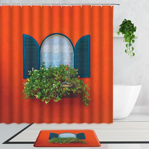 

shower curtains orange window flower small town street scene european rural scenery waterproof bath curtain rug anti-slip carpet