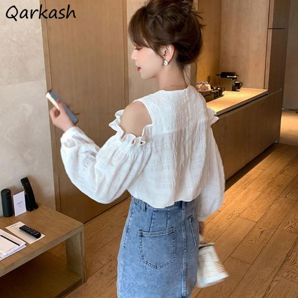 

women's blouses & shirts women off shoulder folds korean puff-sleeve solid thin sweet pullover clothing femme chic fashion summer basic, White