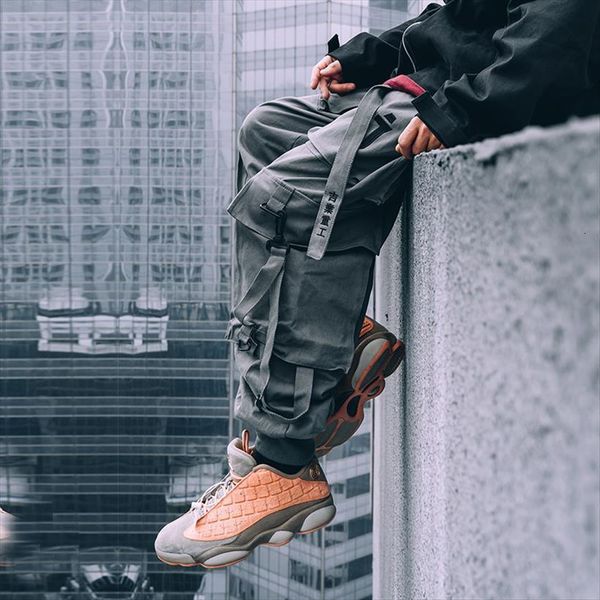 

leisure function tooling flying women pants clothes harajuku trousers cargo mechanical pocket ribbon jogger hiphop lover, Black
