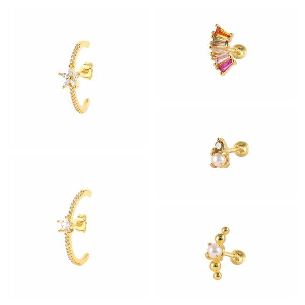 

stud mc small single earring for women girls 925 sterling silver piercing ear colorful zircon manmade artificial pearl aretes, Golden;silver