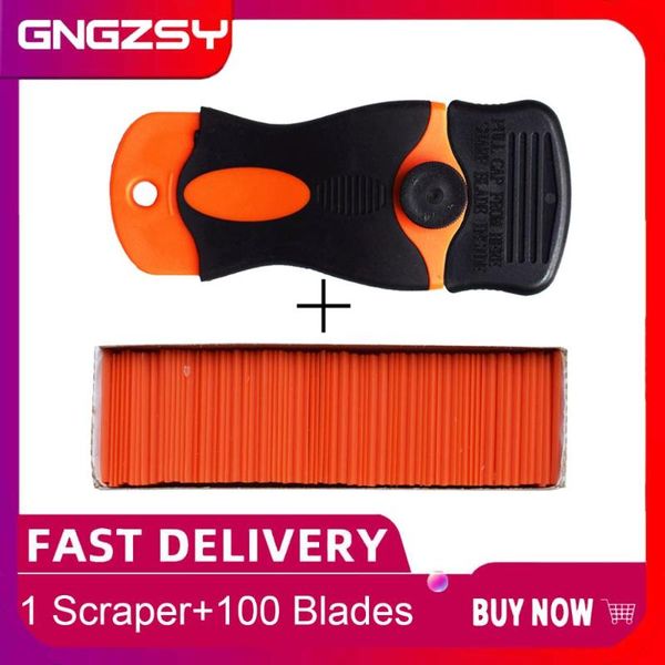 

carbon fiber car tools vinyl wrap razor scraper+100pcs plastic blade cleaning squeegee glue film sticker remover e17+ sponge