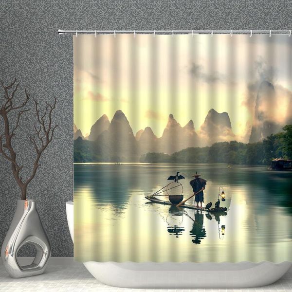 

shower curtains landscape painting curtain set chinese ink bath waterproof fabric bathroom screen partition home decor
