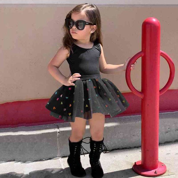 

4 toddler kids baby girls summer solid tutu gauze sequin skirt black outfits set fashion bimba clothes, White