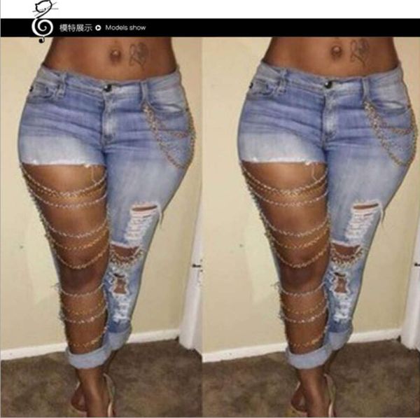 

exaggerated hole chain hanging elastic cotton leg pants, Blue